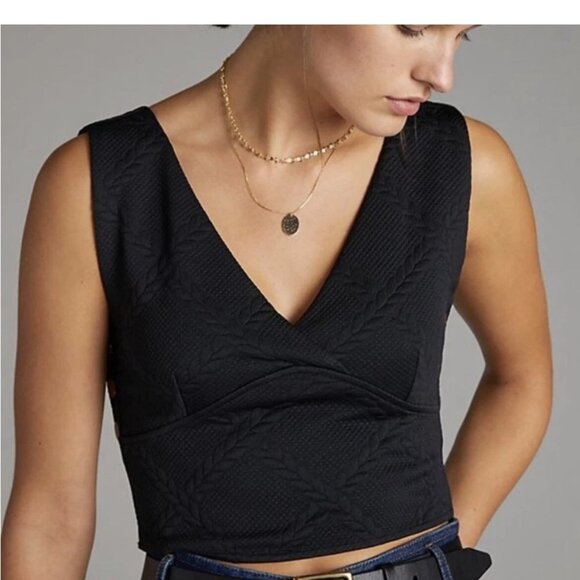 Anthropologie Maeve black textured V-neck side-button crop top women's XS - Picture 7 of 8